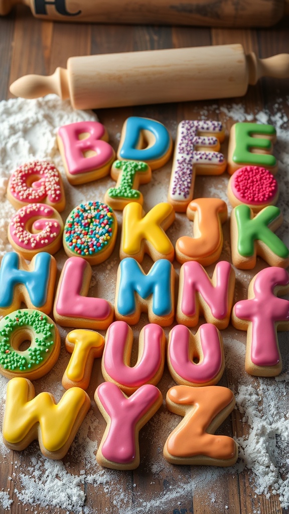 Colorful cookie letters decorated with royal icing and sprinkles on a rustic kitchen countertop.